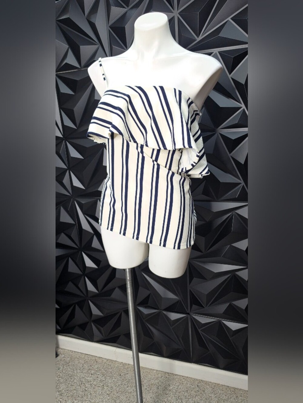 Banana Republic Navy & White Striped One-Shoulder Ruffle Top